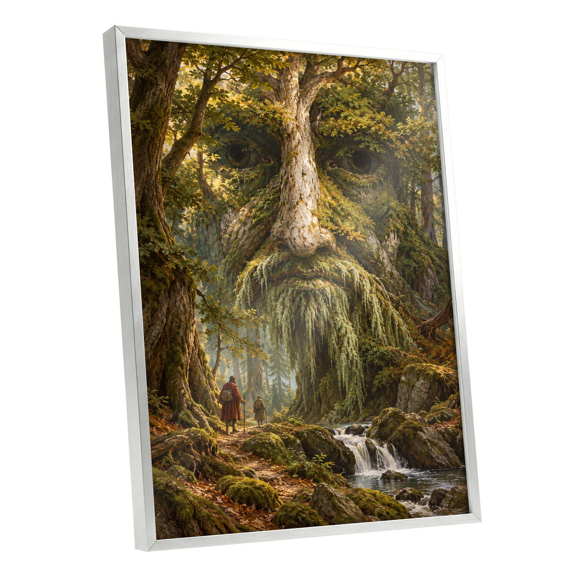 Face of the Forest, green, brown, gold nature wall art shown as a silver framed poster wall art print