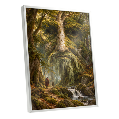 Face of the Forest, green, brown, gold nature wall art shown as a silver framed poster wall art print