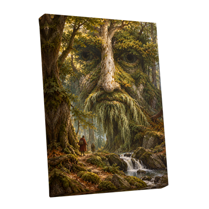 Face of the Forest, green, brown, gold nature wall art shown as a stretched canvas wall art