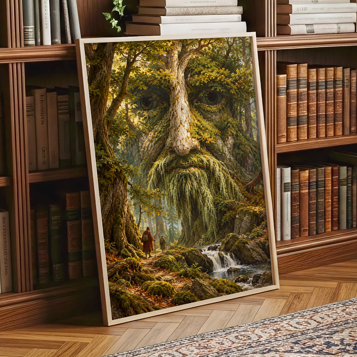 Face of the Forest, green, brown, gold nature wall art displayed in a styled interior, gallery view 1