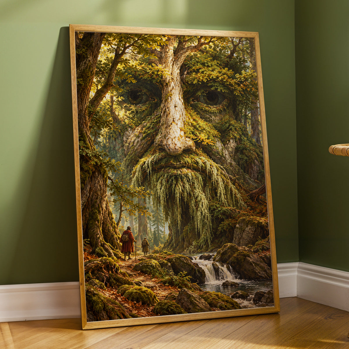 Face of the Forest, green, brown, gold nature wall art displayed in a styled interior, gallery view 3