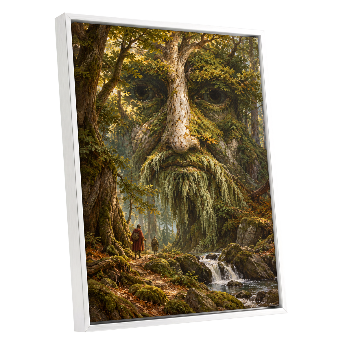 Face of the Forest, green, brown, gold nature wall art shown as a white framed canvas wall art