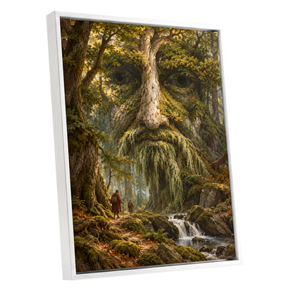 Face of the Forest, green, brown, gold nature wall art shown as a white framed canvas wall art