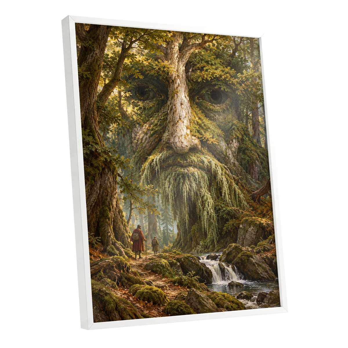 Face of the Forest, green, brown, gold nature wall art shown as a white framed poster wall art print