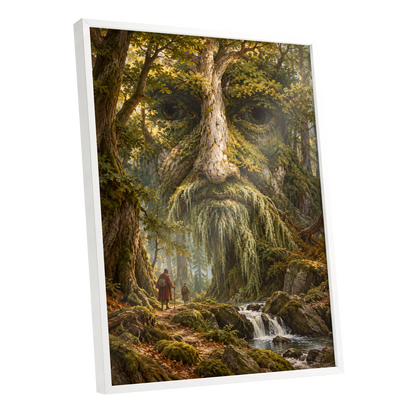 Face of the Forest, green, brown, gold nature wall art shown as a white framed poster wall art print