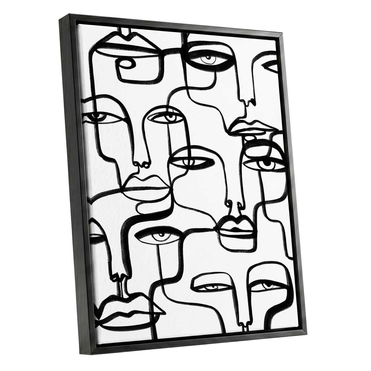 Faces in the Crowd, black, white minimalist wall art shown as a black framed canvas wall art