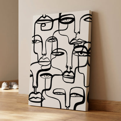 Faces in the Crowd, black, white minimalist wall art on canvas displayed in a styled interior, gallery view 1