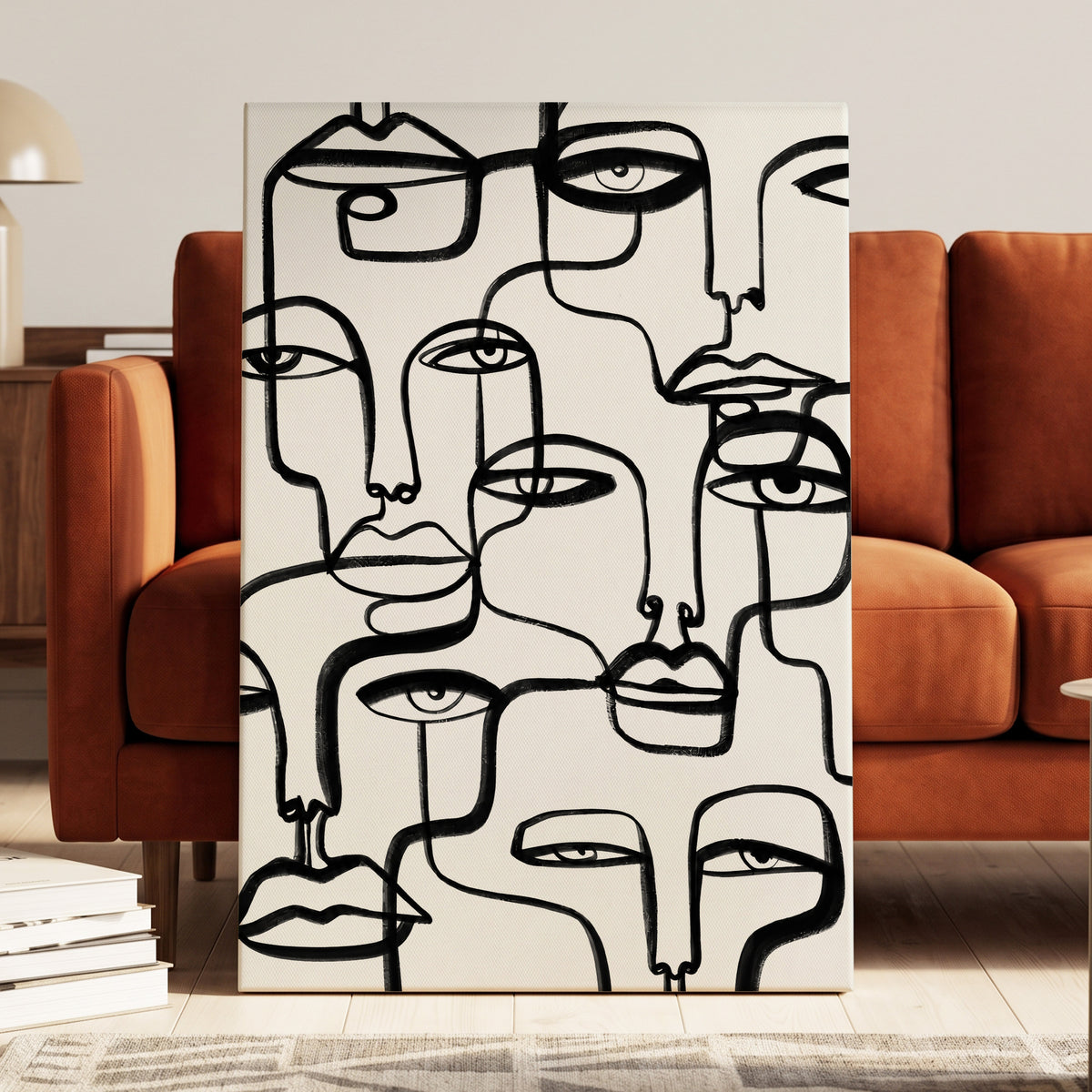 Faces in the Crowd, black, white minimalist wall art on canvas displayed in a styled interior, gallery view 2