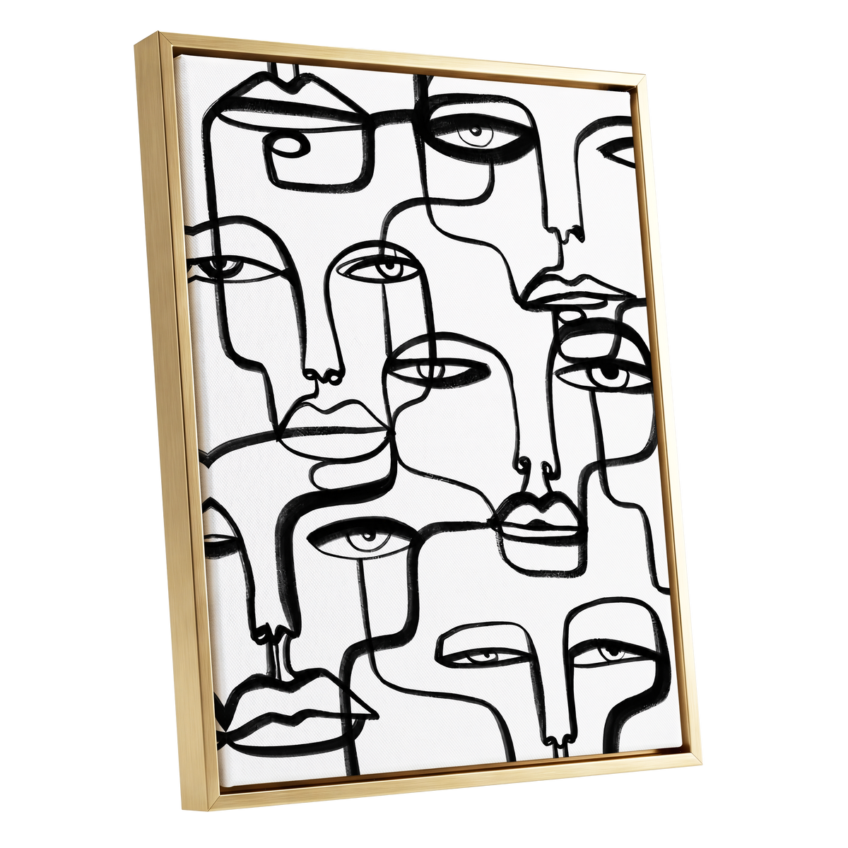 Faces in the Crowd, black, white minimalist wall art shown as a gold framed canvas wall art