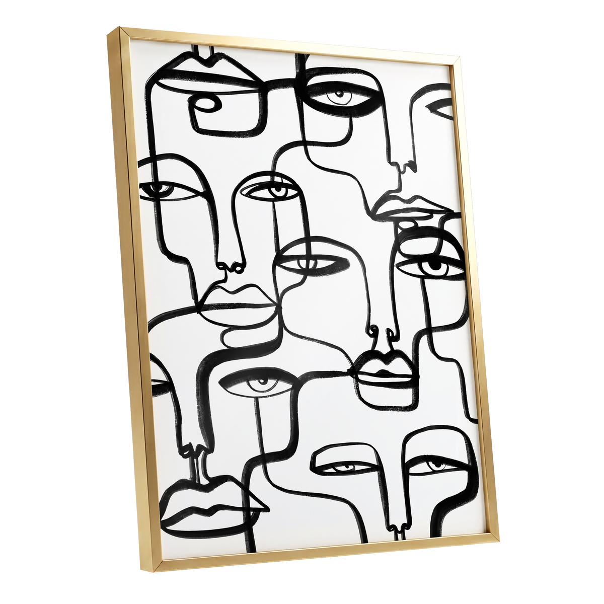 Faces in the Crowd, black, white minimalist wall art shown as a gold framed poster wall art print