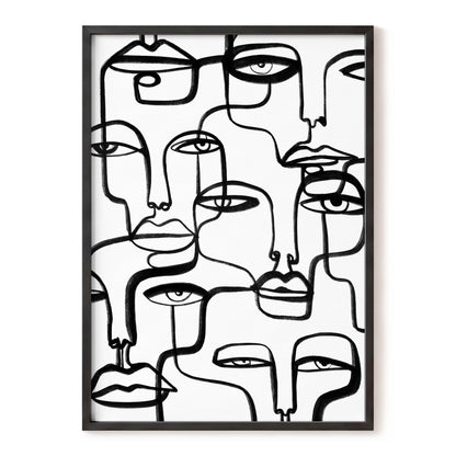 Faces in the Crowd, black, white minimalist wall art, front artwork view
