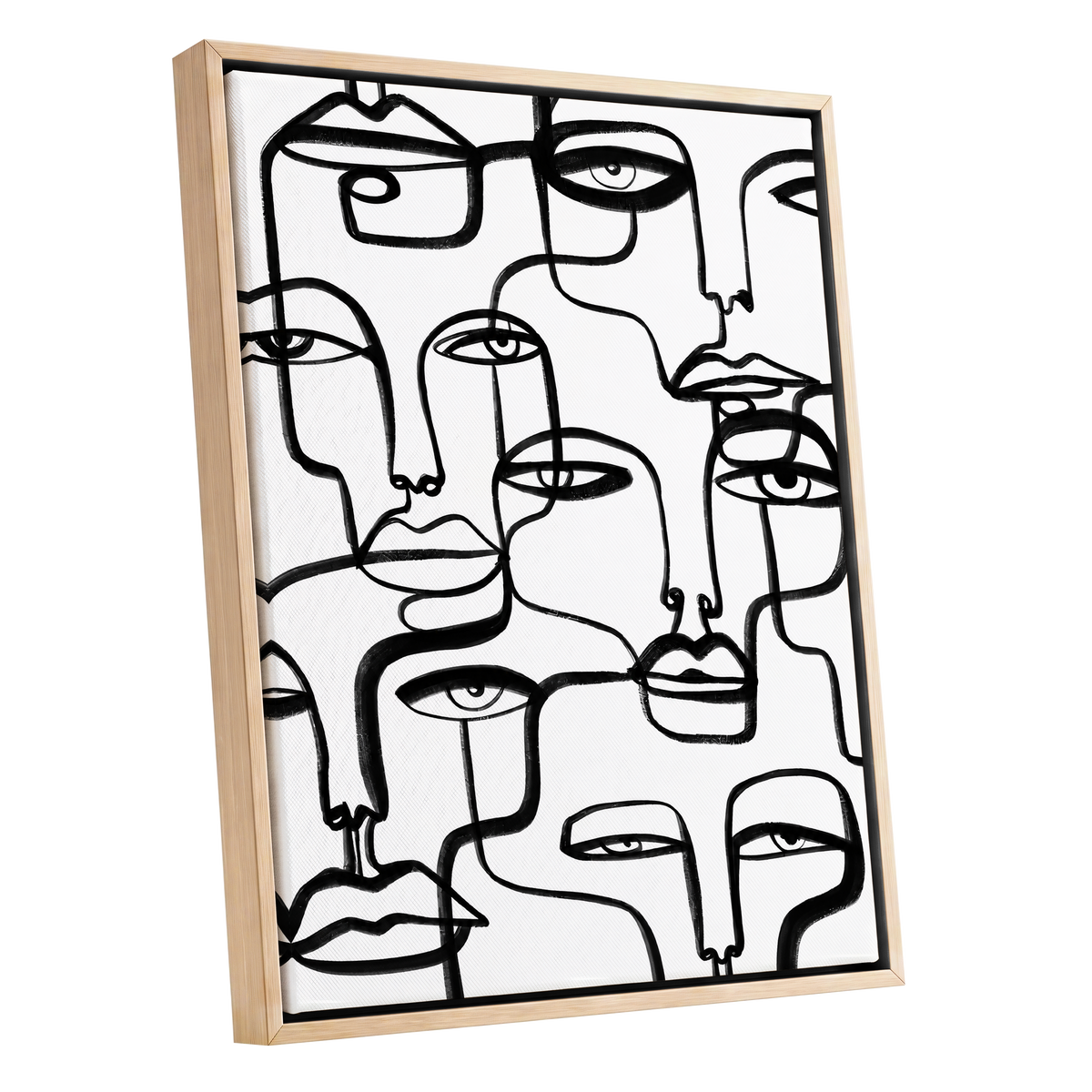 Faces in the Crowd, black, white minimalist wall art shown as a oak framed canvas wall art