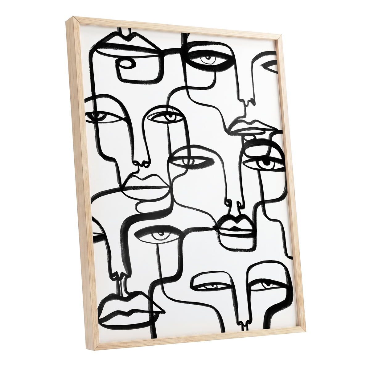 Faces in the Crowd, black, white minimalist wall art shown as a oak framed poster wall art print