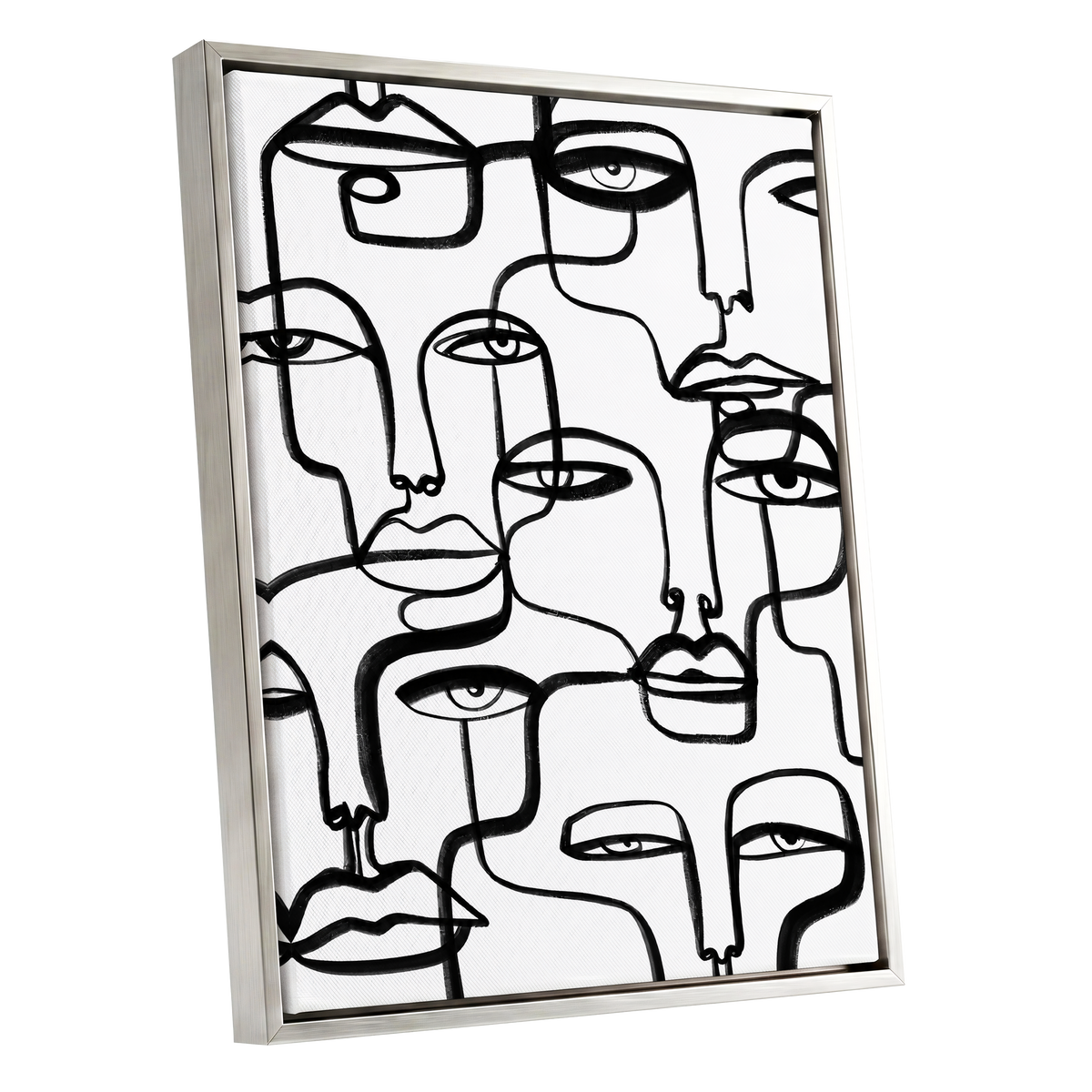 Faces in the Crowd, black, white minimalist wall art shown as a silver framed canvas wall art