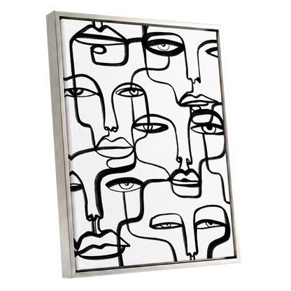 Faces in the Crowd, black, white minimalist wall art shown as a silver framed canvas wall art