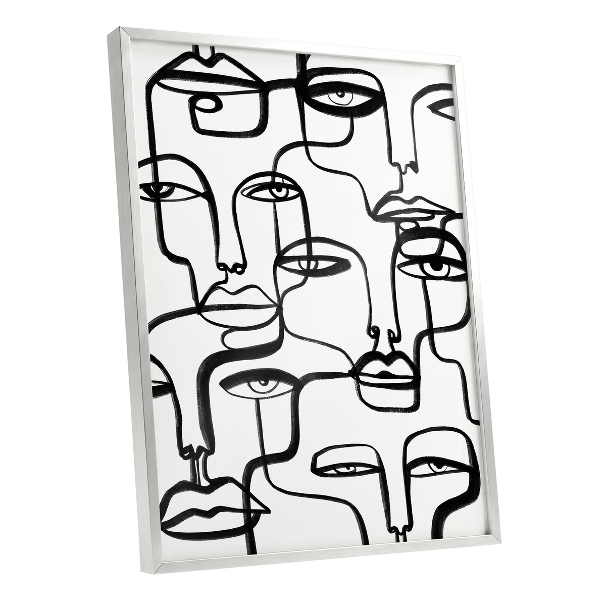Faces in the Crowd, black, white minimalist wall art shown as a silver framed poster wall art print