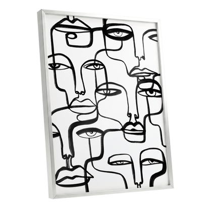 Faces in the Crowd, black, white minimalist wall art shown as a silver framed poster wall art print