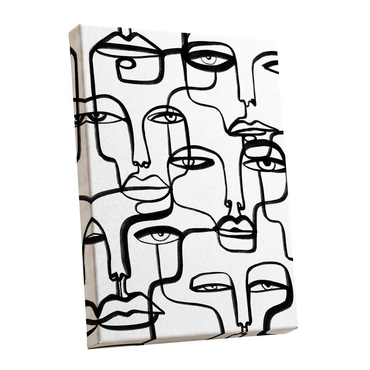 Faces in the Crowd, black, white minimalist wall art shown as a stretched canvas wall art