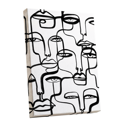Faces in the Crowd, black, white minimalist wall art shown as a stretched canvas wall art