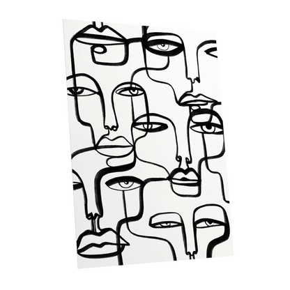 Faces in the Crowd, black, white minimalist wall art shown as a unframed poster wall art print