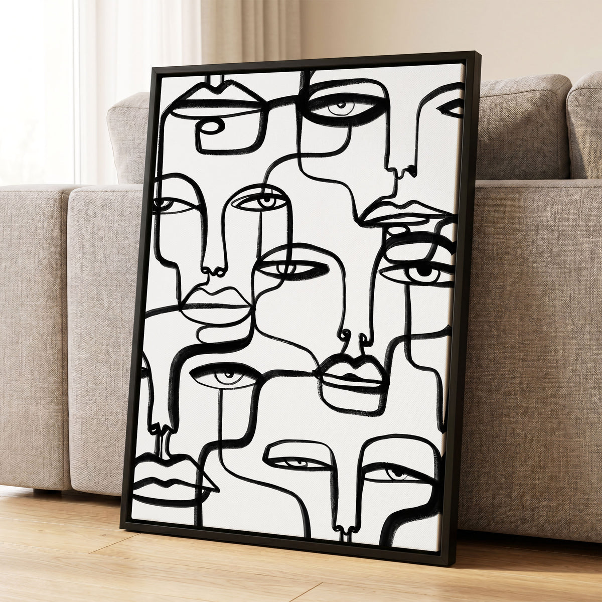Faces in the Crowd, black, white minimalist wall art displayed in a styled interior, gallery view 1
