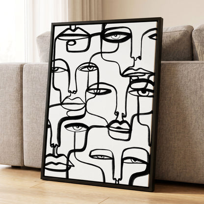 Faces in the Crowd, black, white minimalist wall art displayed in a styled interior, gallery view 1
