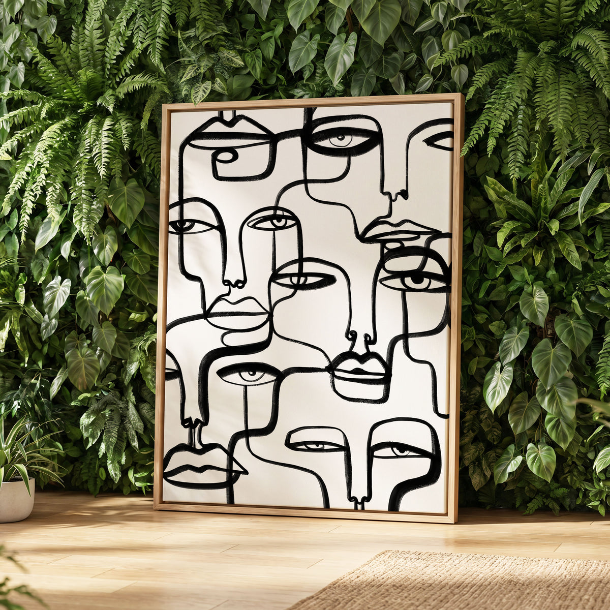 Faces in the Crowd, black, white minimalist wall art displayed in a styled interior, gallery view 2