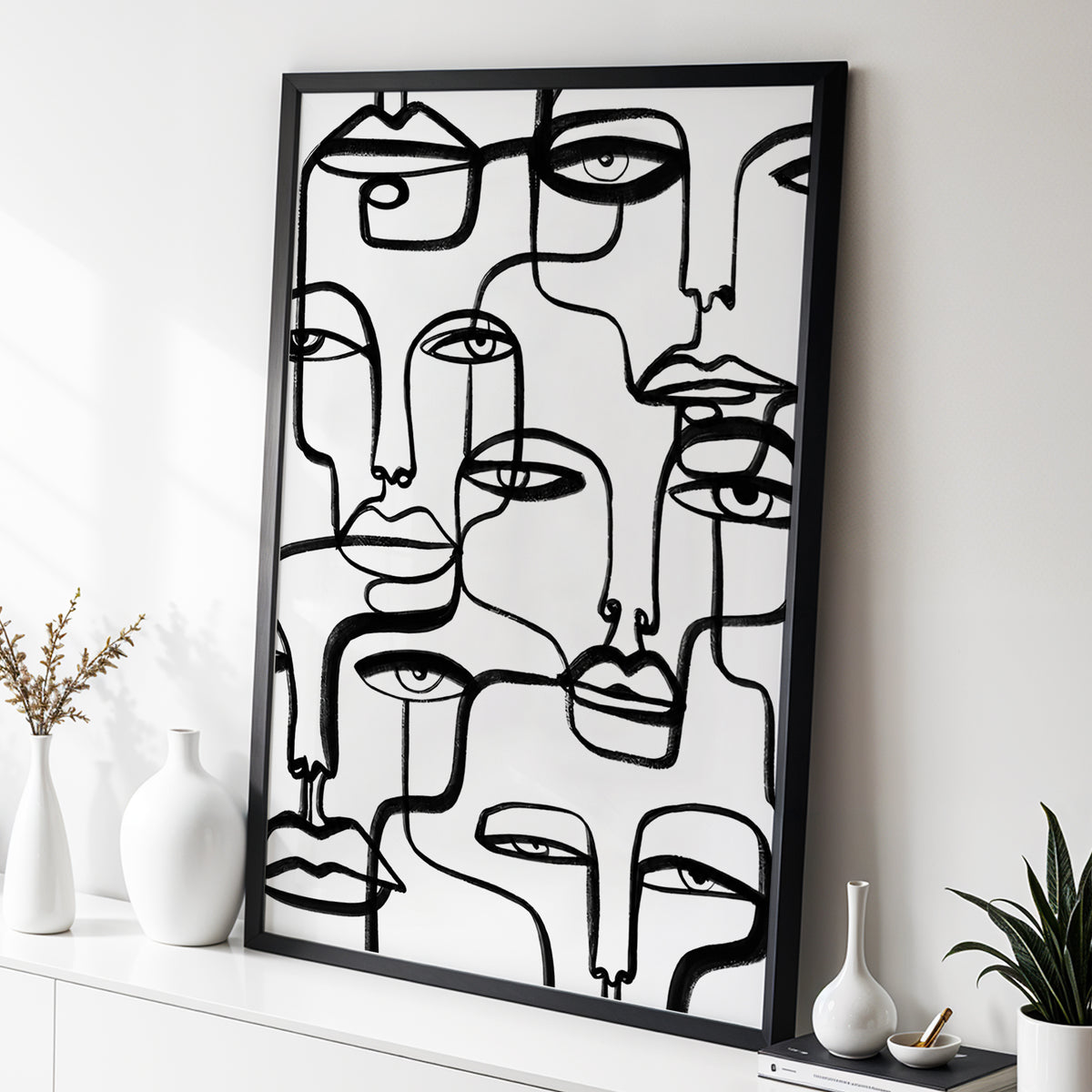 Faces in the Crowd, black, white minimalist wall art displayed in a styled interior, gallery view 3