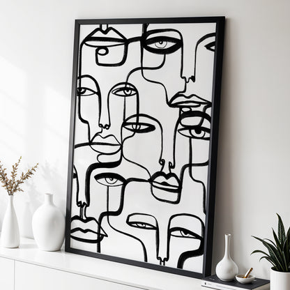 Faces in the Crowd, black, white minimalist wall art displayed in a styled interior, gallery view 3