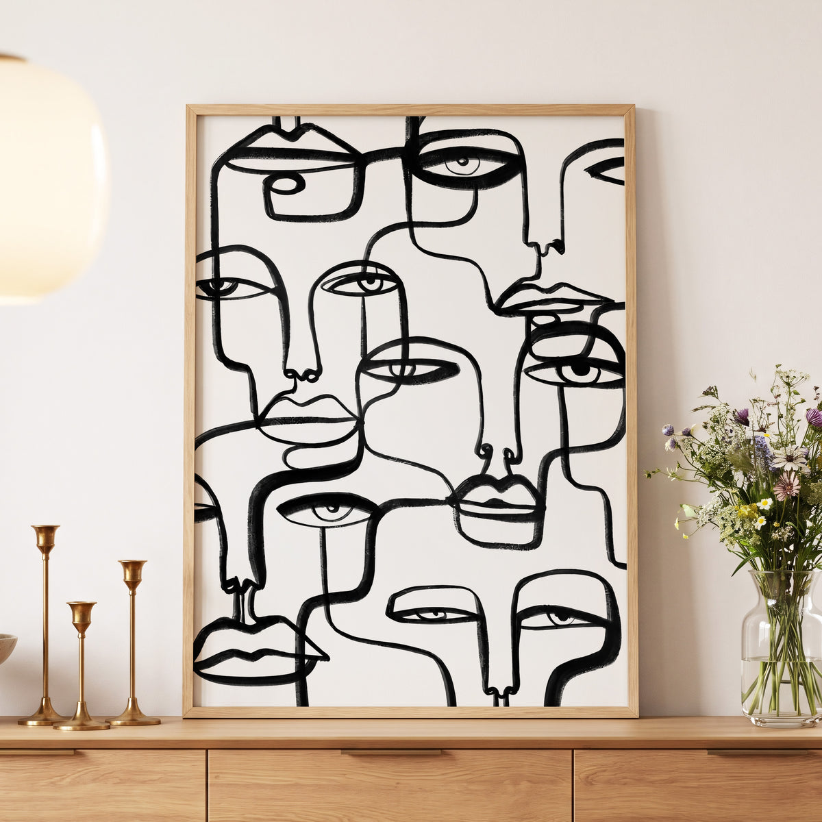 Faces in the Crowd, black, white minimalist wall art displayed in a styled interior, gallery view 4