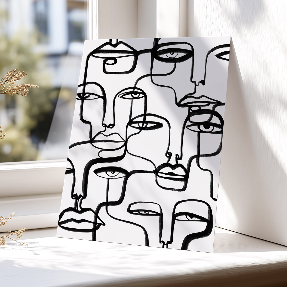 Faces in the Crowd, black, white minimalist wall art displayed in a styled interior, gallery view 5
