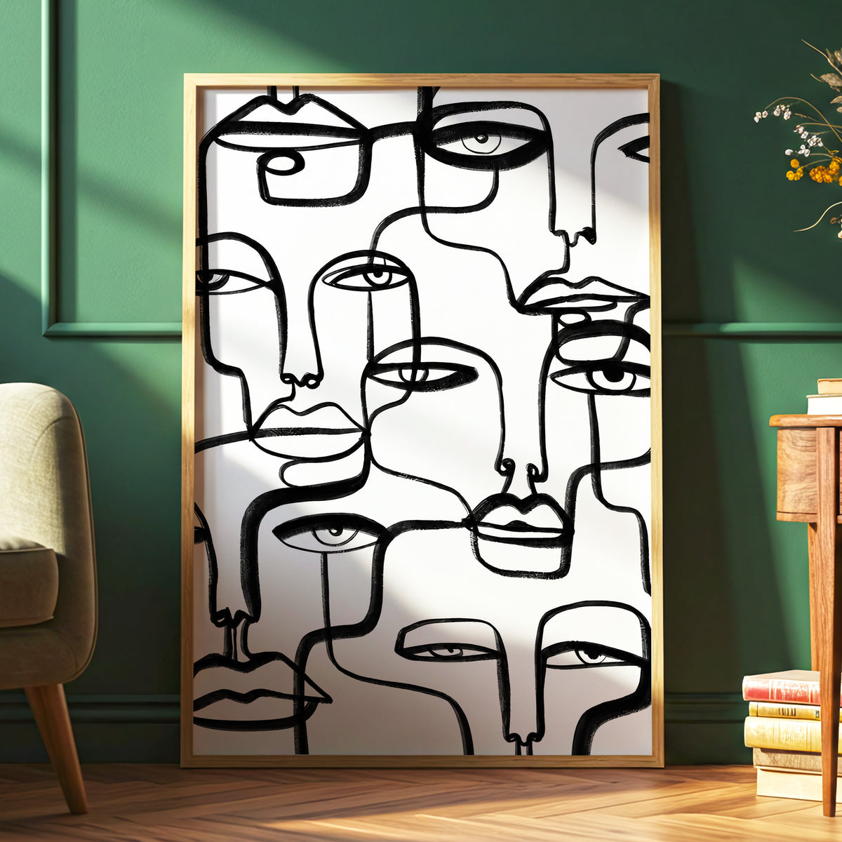 Faces in the Crowd, black, white minimalist wall art displayed in a styled interior, gallery view 6
