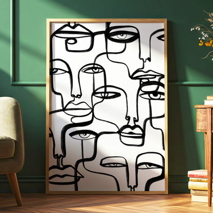Faces in the Crowd, black, white minimalist wall art displayed in a styled interior, gallery view 6