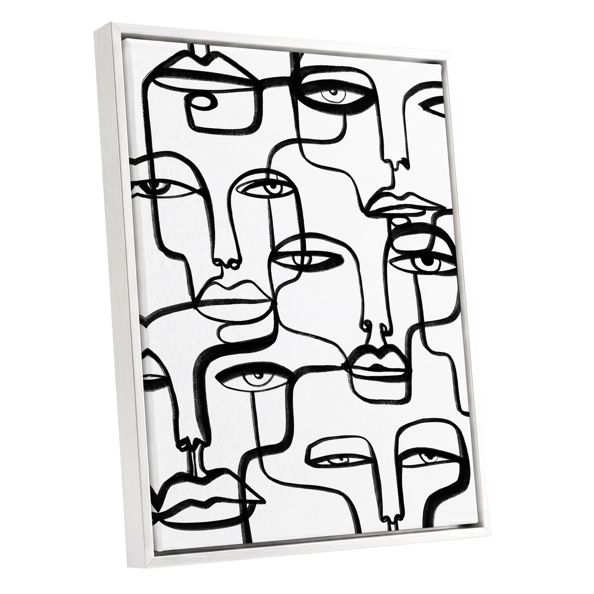 Faces in the Crowd, black, white minimalist wall art shown as a white framed canvas wall art