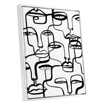 Faces in the Crowd, black, white minimalist wall art shown as a white framed canvas wall art