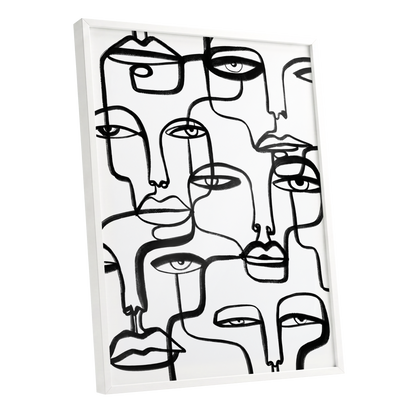 Faces in the Crowd, black, white minimalist wall art shown as a white framed poster wall art print