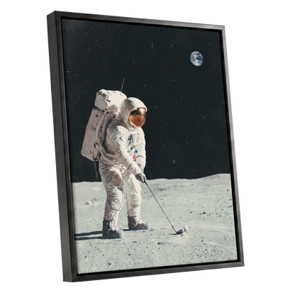 Fairway Among the Stars, black, white, gray minimalist wall art shown as a black framed canvas wall art
