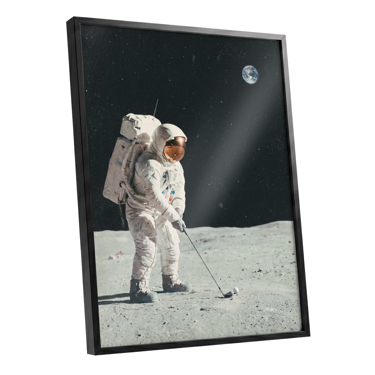Fairway Among the Stars, black, white, gray minimalist wall art shown as a black framed poster wall art print