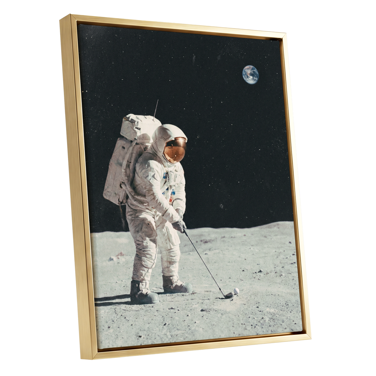 Fairway Among the Stars, black, white, gray minimalist wall art shown as a gold framed canvas wall art