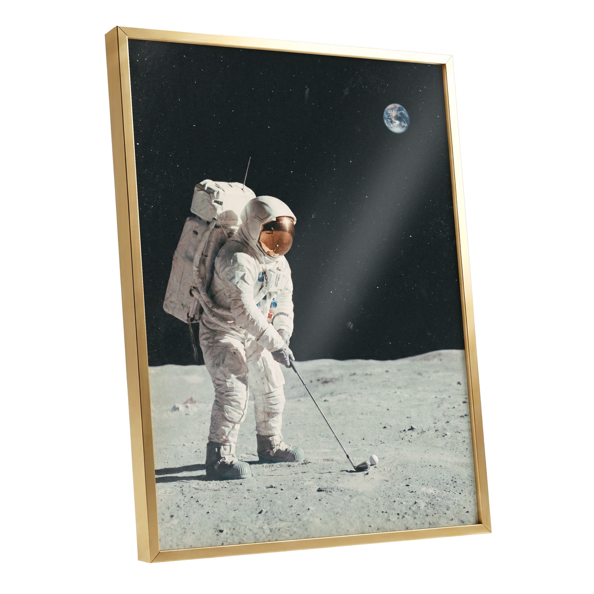 Fairway Among the Stars, black, white, gray minimalist wall art shown as a gold framed poster wall art print
