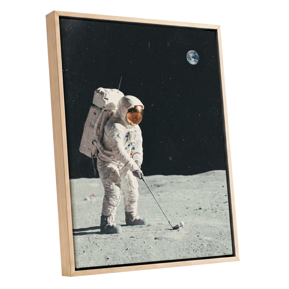 Fairway Among the Stars, black, white, gray minimalist wall art shown as a oak framed canvas wall art