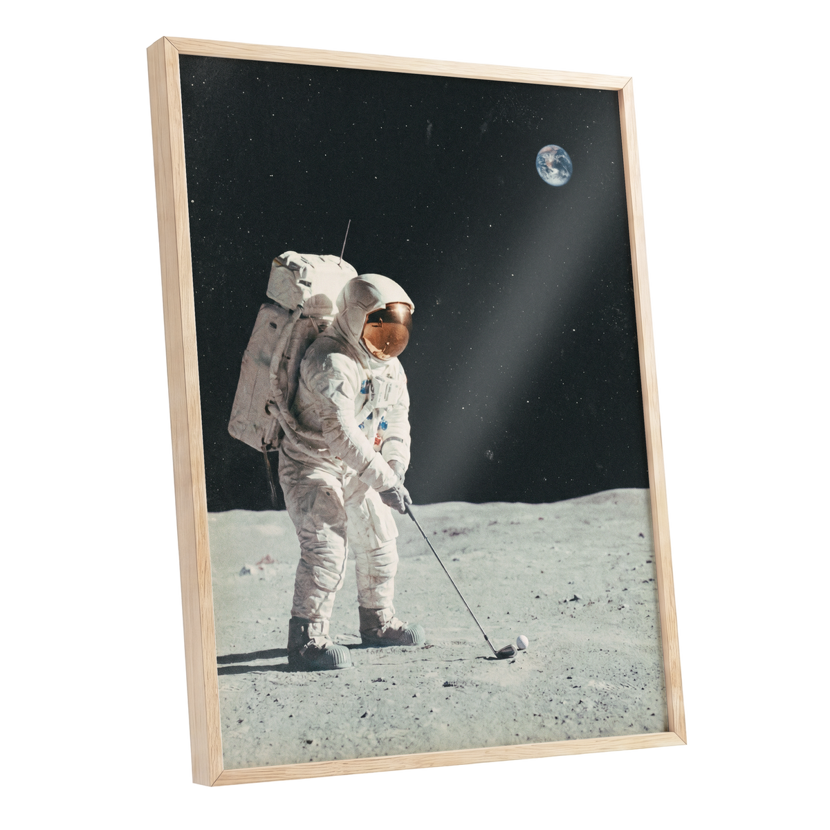Fairway Among the Stars, black, white, gray minimalist wall art shown as a oak framed poster wall art print