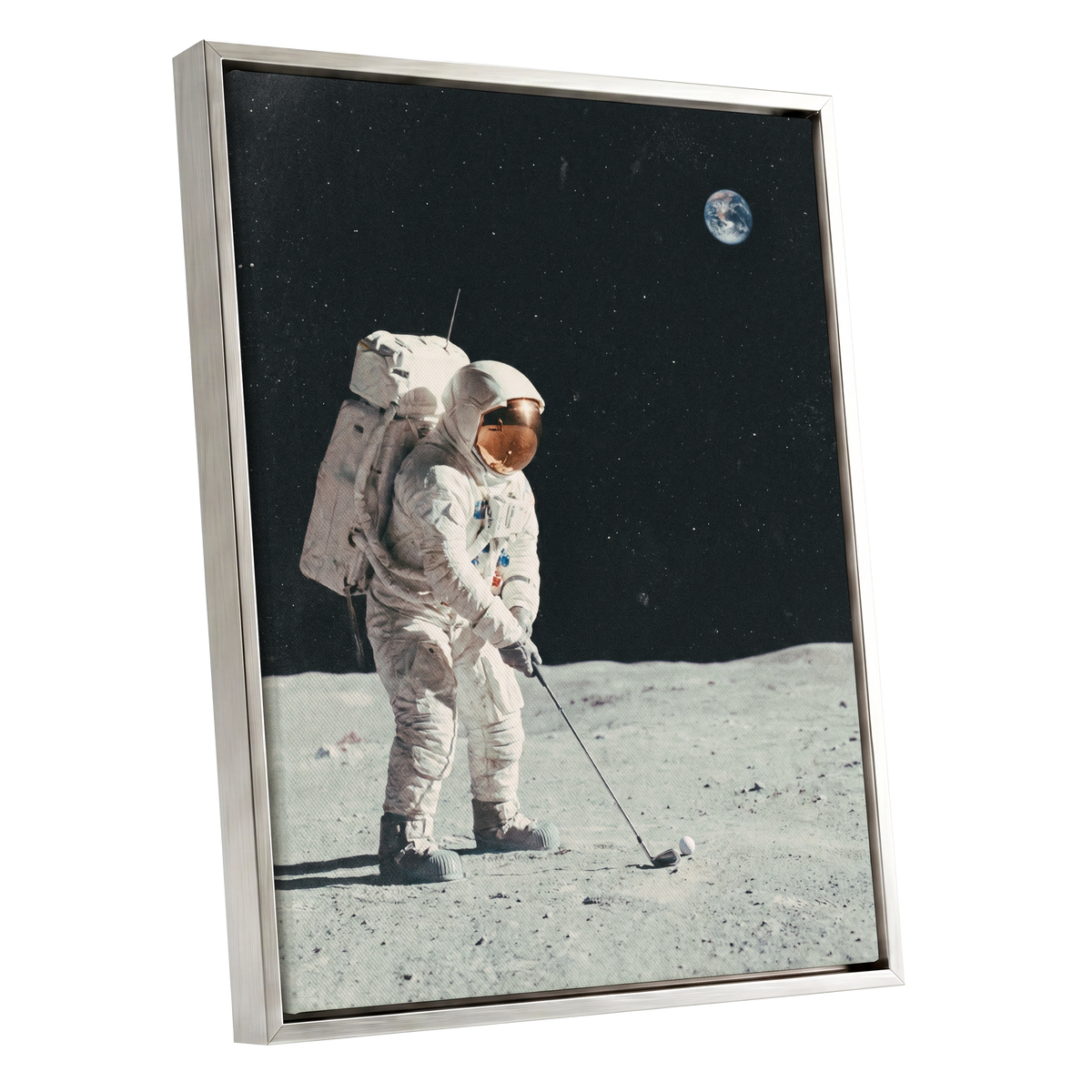 Fairway Among the Stars, black, white, gray minimalist wall art shown as a silver framed canvas wall art