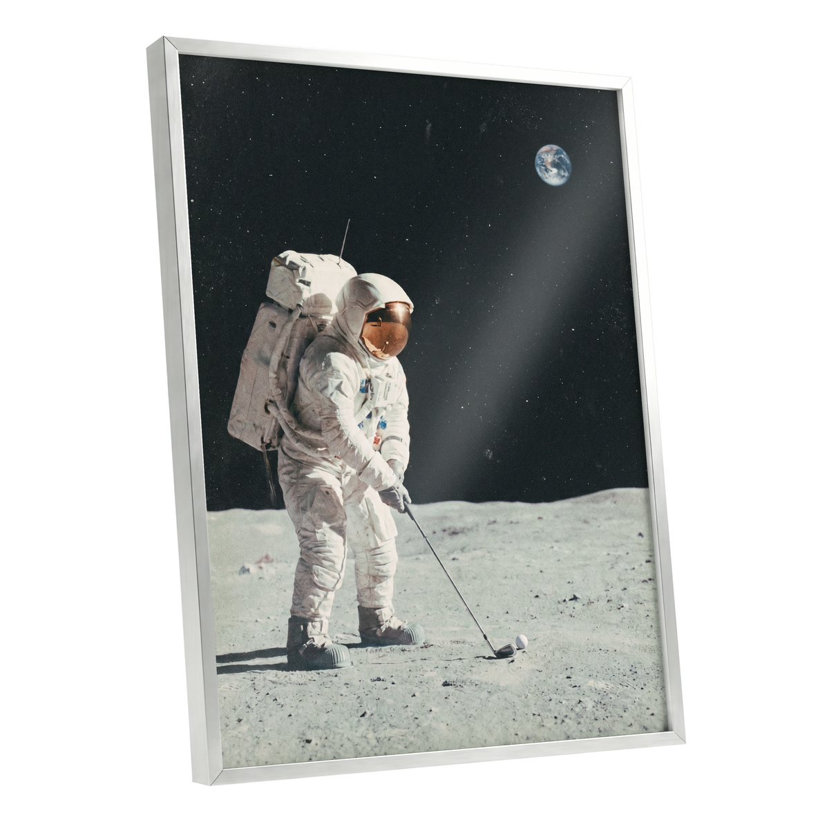 Fairway Among the Stars, black, white, gray minimalist wall art shown as a silver framed poster wall art print