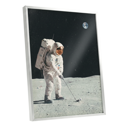Fairway Among the Stars, black, white, gray minimalist wall art shown as a silver framed poster wall art print
