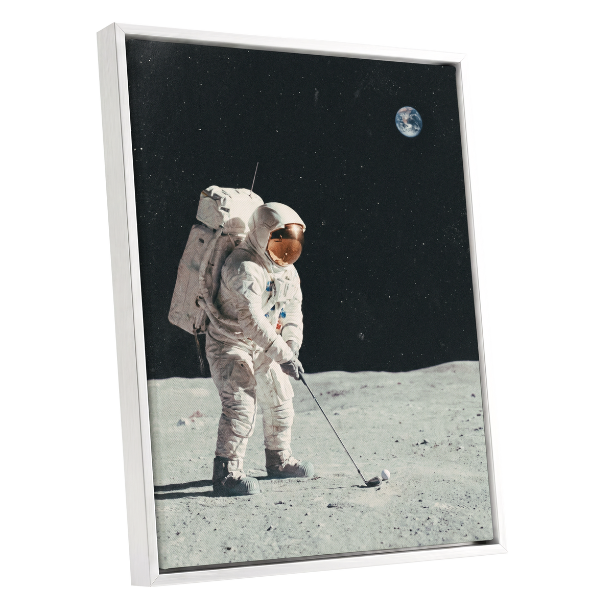 Fairway Among the Stars, black, white, gray minimalist wall art shown as a white framed canvas wall art