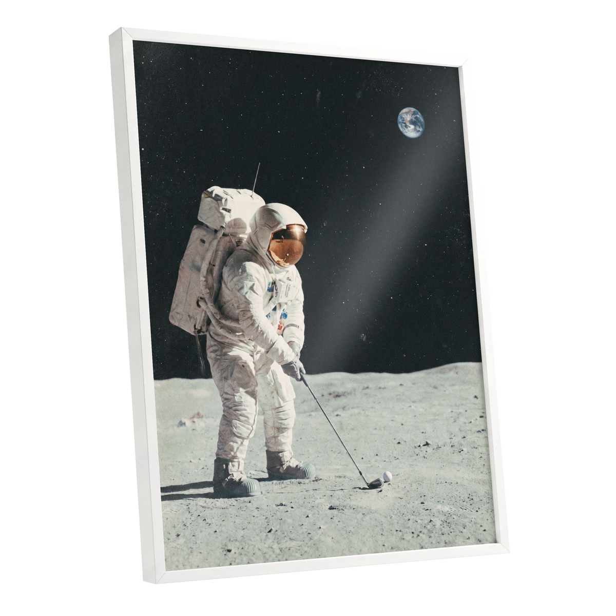Fairway Among the Stars, black, white, gray minimalist wall art shown as a white framed poster wall art print