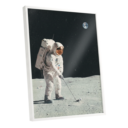 Fairway Among the Stars, black, white, gray minimalist wall art shown as a white framed poster wall art print
