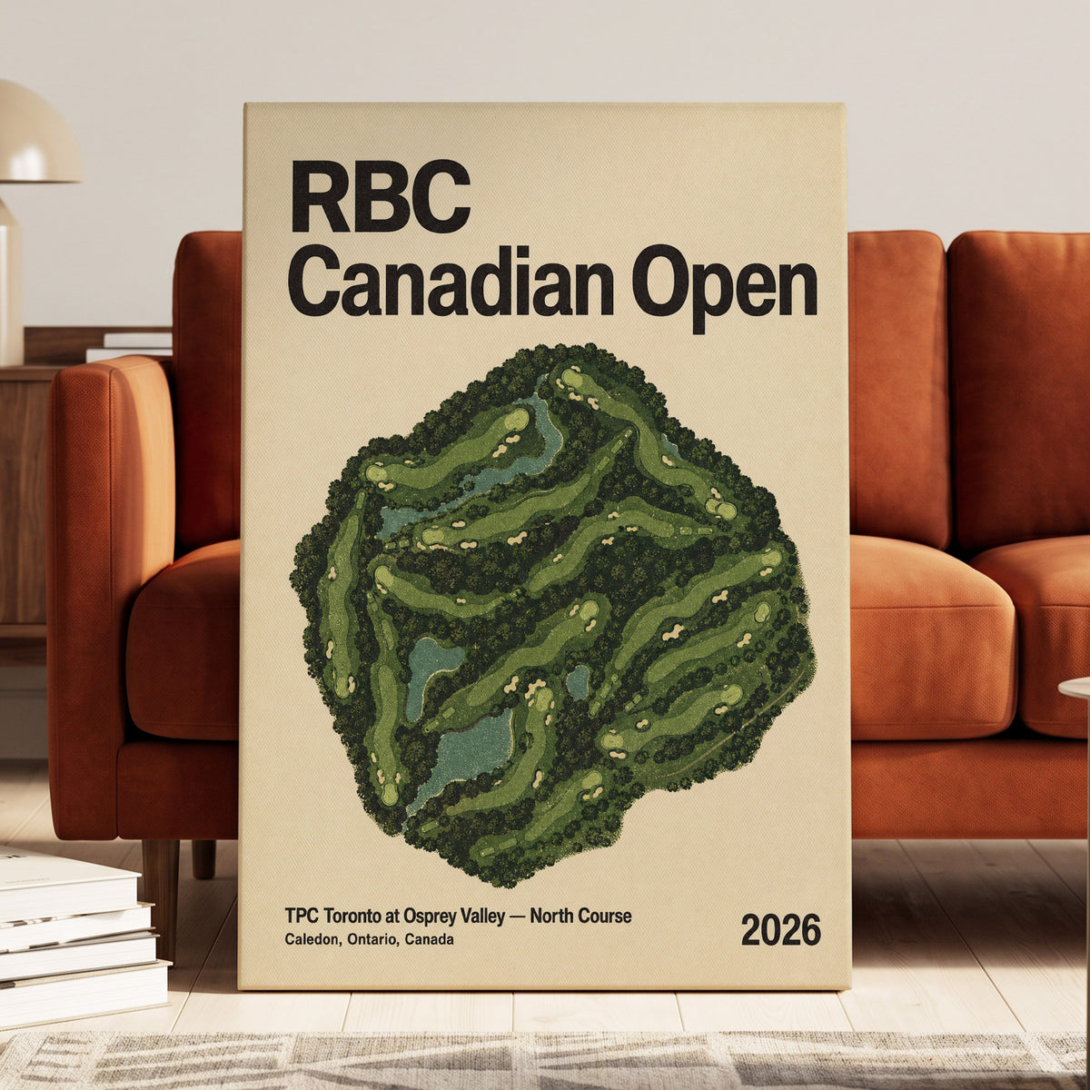 Fairways of Osprey Valley, green, beige, black nature wall art on canvas displayed in a styled interior, gallery view 1
