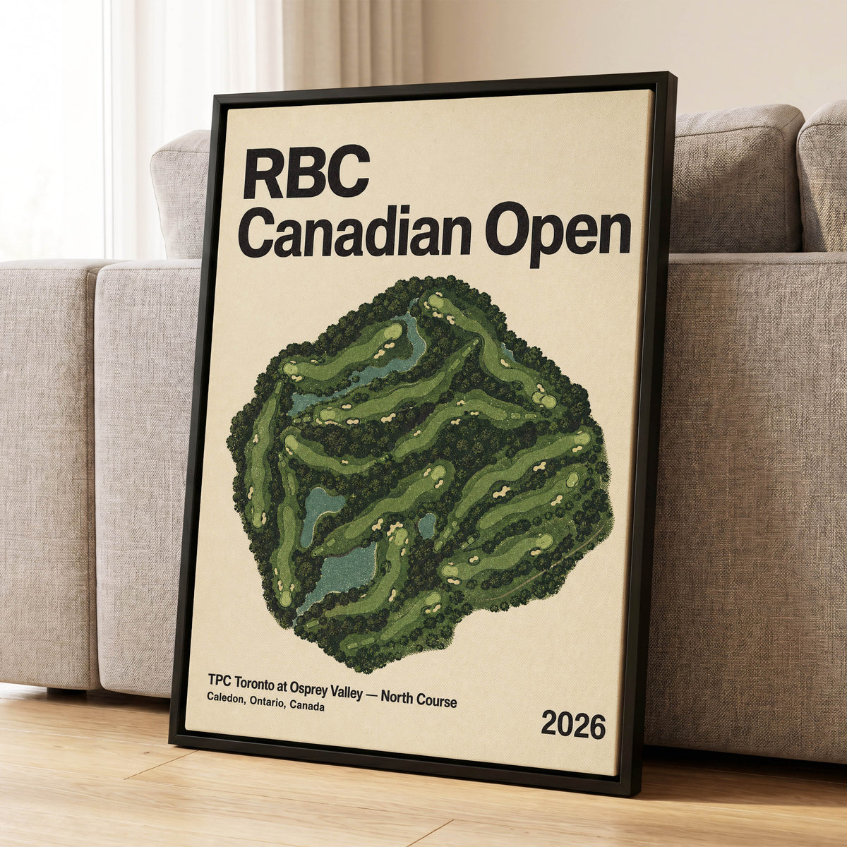 Fairways of Osprey Valley, green, beige, black nature wall art displayed in a styled interior, gallery view 1